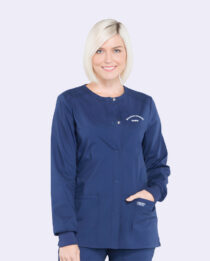women's snap front warm up solid scrub jacket with embroidery