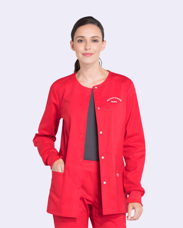 women's snap front warm up solid scrub jacket with embroidery