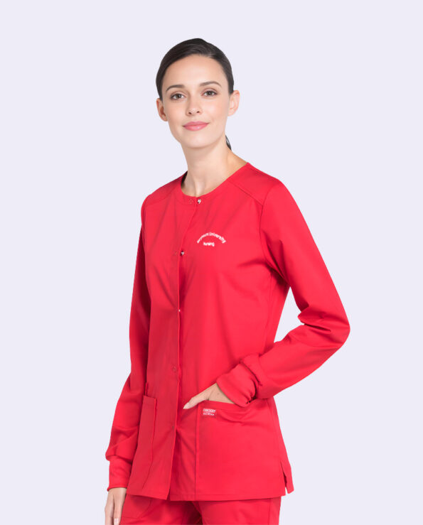 women's snap front warm up solid scrub jacket with embroidery