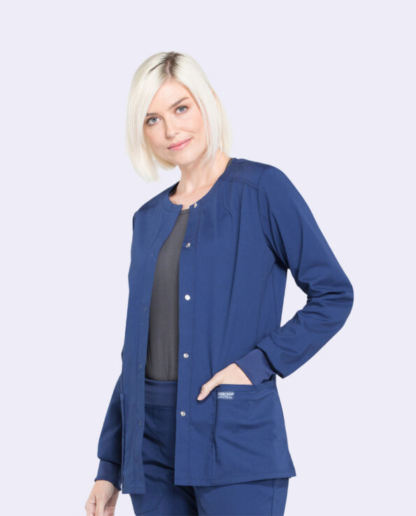 women's snap front warm up solid scrub jacket