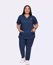 women's navy scrub set: v neck solid top & tapered jogger pant