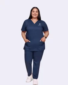 women's navy scrub set: v neck solid top & tapered jogger pant